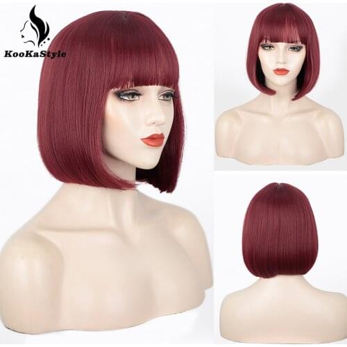 Kookastyle Short Straight Wigs Synthetic Bob Wigs with Bangs for Women Red/Blonde/Black Wigs Natural Bangs Wigs for Party