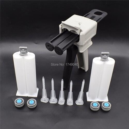 Adhesive Gun Dispenser Glue Gun 50ml 1:1 Manual Caulking Gun with 5pc Static Mixing Nozzle 2 Set 50ml 1:1 Empty Dual Cartridge