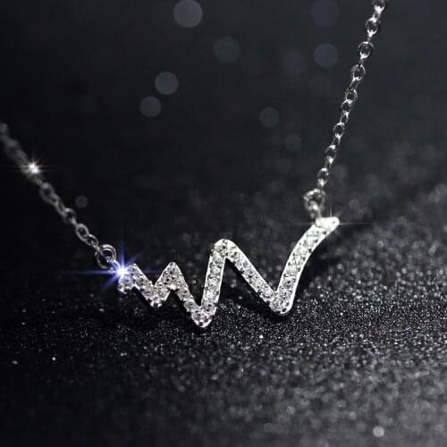 Valentines Gift 925 Sterling Silver Heart Wave Chic Zircon Crystal Around Heartbeat Pendant Necklace For Women Chain Choker