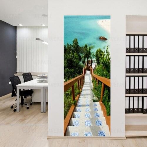 PVC Self Adhesive Waterproof Door Sticker 3D Aegean Sea Stairs Photo Wallpaper Living Room Bedroom Home Decor Wall Paper