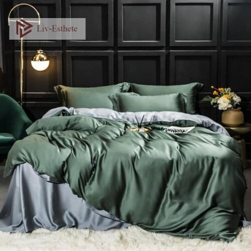 Liv-Esthete Luxury 100% Silk Green Gray Bedding set Beauty Healthy Silky Queen King Duvet Cover Flat Sheet Pillowcase Bed Sets