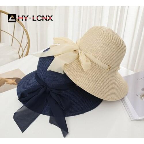 New Summer Outdoor Travel Beach Sun Hat Women Solid Color Bow Decoration Big Brim Dome Leisure Straw Hat
