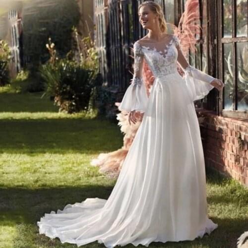 Flare Long Sleeve Wedding Dresses 2021 Sweep Train A-Line Sheer Scoop Neck Lace Appliques Chiffon Bridal Gown Button Backless