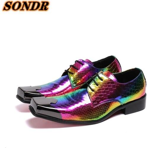 Zapatoz De Hombre Men Genuine Leather Shoes Snake Skin Formal Square Toe Shoes Lace Up Colourful Fashion Dress Oxfords Shoes