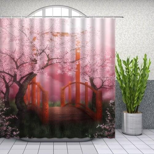Spring Landscape Shower Curtain Pink Cherry Blossoms Wooden Bridge Bathroom Decor Home Bath Waterproof Polyester Curtain Set