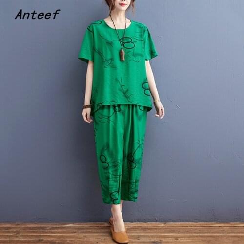 Cotton vintage summer casual 2 two piece set loose tee t shirt women t-shirt ladies tshirt 2021 tops Harem pants