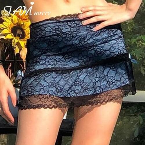 Black Mesh Transparent Patchwork Mini Skirt Women Gothic Y2K Lace A Line Ruched Short Skort Girls Streetwear Club Party Iamhotty