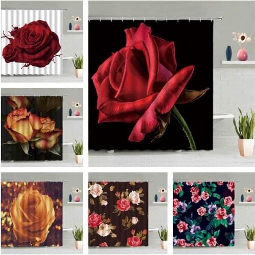Red Rose Flower Shower Curtain Valentines Day Gift Bathroom Accessories Set Waterproof Wall Hanging Curtains Screen Home Decor