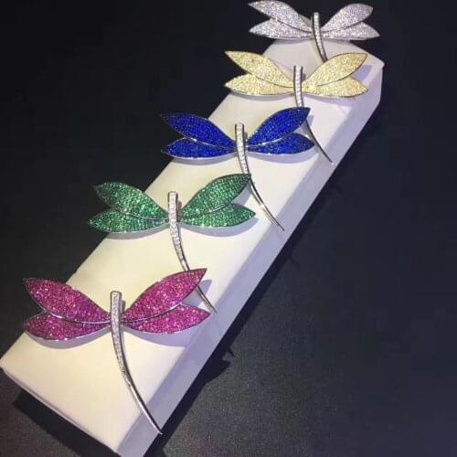925 sterling silver dragonfly brooch pins blingbling high quality fine women jewelry white blue green color and so on
