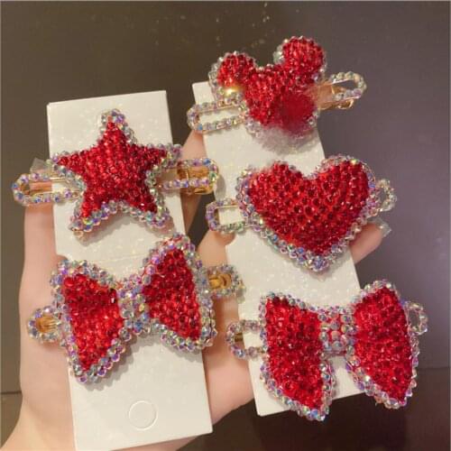 Women Red rhinestone full diamond love peach heart starfish bb clip hairpins
