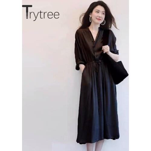 Trytree 2020 Spring Women Casual Sweater V-neck Solid 2 Color Button A-line Drawstring Elegant Temperament Office Lady Dress