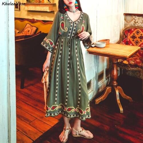 Khalee Yose Boho Floral Embroidery Dress Vintage Ethnic Chic Holiday Women Dresses Flare Sleeve Sexy Female Ladies Beach Dress