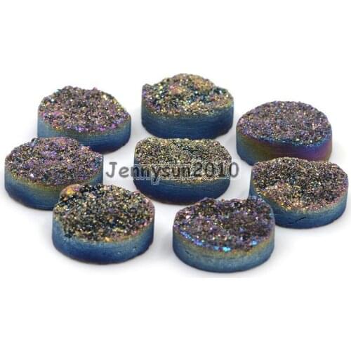 18mm Metallic Multi-Colored (No Hole) Druzy Quartz Ag-ate Flat Back Connector Round Cabochon Beads Jewelry 10 Pcs /Pack