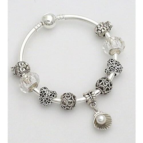 2018 Vintage Tibetan Silver Shell Heart Lion Charm Bracelet White Glass Classic Beaded Bracelet Fashion Diy Bracelets & Bangles