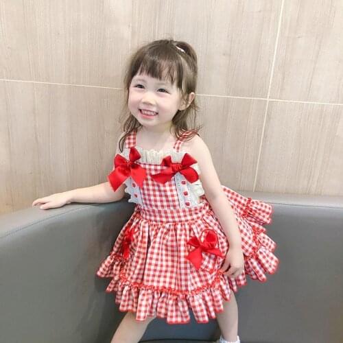 2021 Girls Summer Loli Dress Fashion Red Plaid Bow Baby Kids Birthday Dresses Children Princess Clothes Outfits