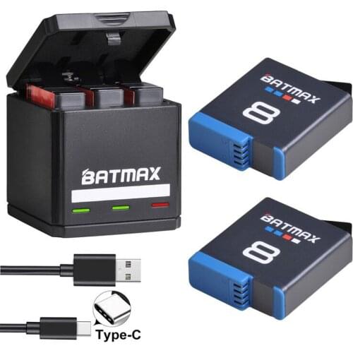 Batmax 2Pcs 1680mAh Battery for GoPro Hero 8 Li-ion Battery Hero 8 Black Akku Accesories + USB Triple Charger with Type C Port