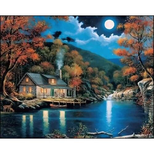 Diamond Embroidery 5d Painting Scenery Moon Night House Water DIY Crystal Mosaic Pictures Full Square Drill Diamant Painting Art