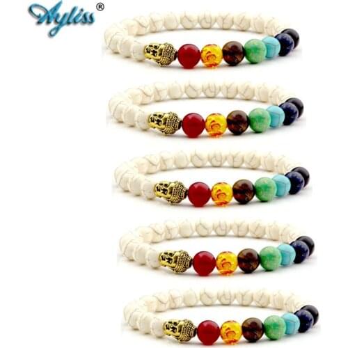 Ayliss 7 Chakras Gem Stone Bracelet Crystal Reiki Healing Bracelet Balancing Round Beads Buddha Head Stretch Bracelets Jewelry