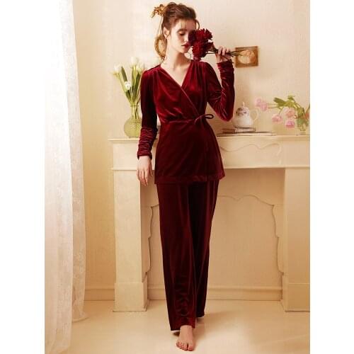 Free Shipping 2020 New Winter Womens Princess Pajamas Long Pants Set Red and Pink Sleepwear Home Cloth Lace Vintage pijamas