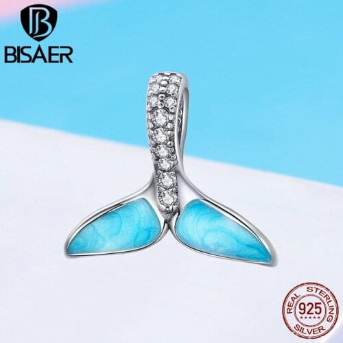 BISAER Hot Sale 925 Sterling Silver Mermaids Tail Charms Blue Enamel Mermaid Beads fit Original Bracelets DIY Jewelry ECC1067