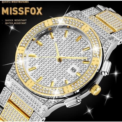 MISSFOX Diamond Wrist Watch For Men Big Dial Steel Luxury Gold Quartz Watches Men Waterproof Date Male Clock relogio masculino