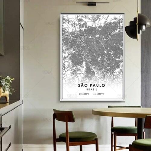 Black and White World City Map sao paulo Wall Art Canvas Poster Prints Nordic Style Paintings Picture for Living Room