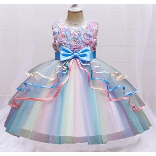 Girls Flower Lace Tulle Dresses For Kids Rainbow Colorful Elegant Wedding Birthday Party Tutu Clothes Children Formal Vestidos