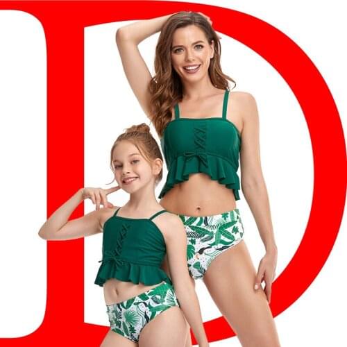 FNOCE 2021 spring mother and daughter swimsuits fashion sexy print Ruffles Drawstring bar with pad backless 2-pc suits beachwear