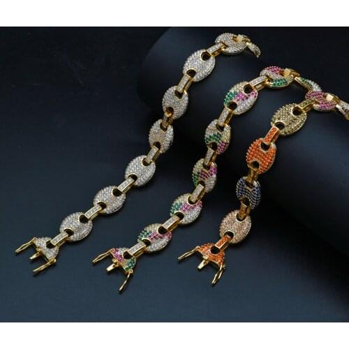 Hip Hop 12MM Colored Crystal Iced Out Coffee Beans Link Chain Necklace For Men Women Long CZ Rope Link Necklaces Fashion Jewelry