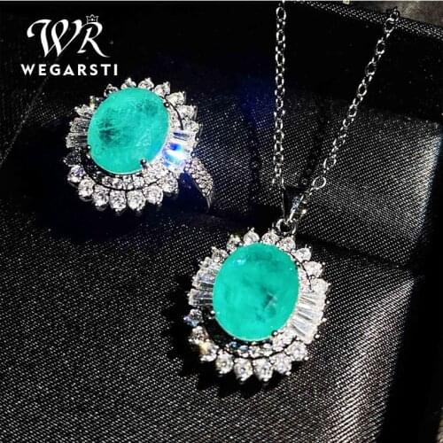WEGARSTI Hot Sale Vintage 925 Sterling Silver Blue Paraiba Tourmaline Gemstone Pendant/Necklace/Rings Jewelry Set