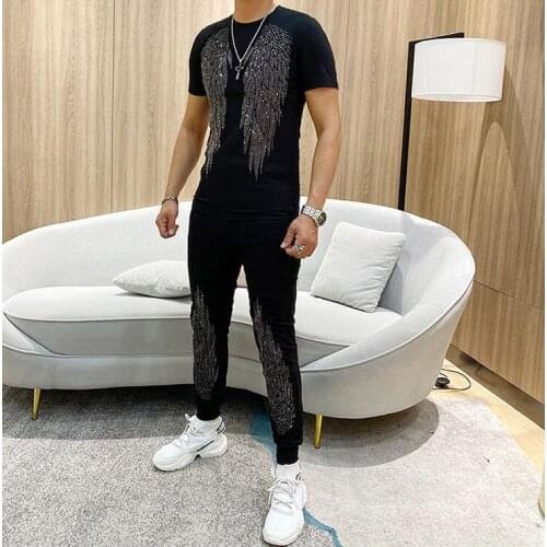 Summer Rhinestones Mans Tracksuits s Men Camouflage cotton Hip-Hop Mens Outfits hot drilling 2pcs set