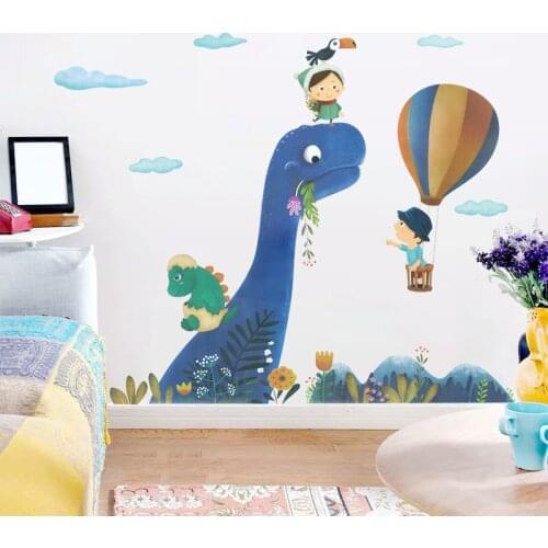 Cartoon Blue Dinosaur Hot Airballoon Kids Cloud Wall Stickers for Kids Room Baby Nursery Decorative Stickers Wall Decals PVC