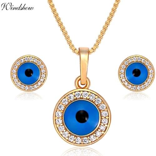 Yellow Gold Color Round Blue Evils Eyes Pave CZ Crystals Drop Earrings and Pendant Necklace Jewelry Sets for Women Girls