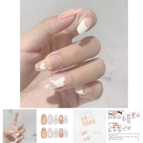 24Pcs/Set False Nails Peach pink Princess French Style Heart Decor Waterproof Wearable Detachable Finished Fake Nails With Glue