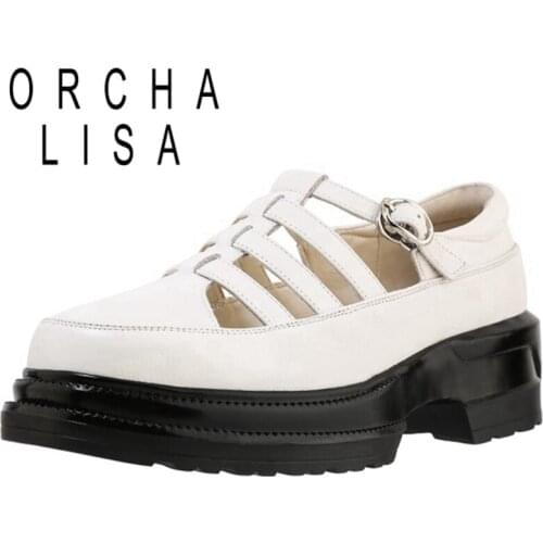 ORCHA LISA 2021 Genuine Leather Pumps Round Toe Platforms Narrow Band T Buckle Strap 5.5cm Chunky Heels US11 White Black A4305