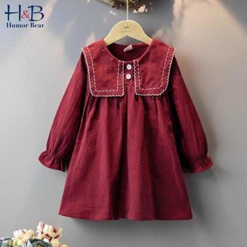 Humor Bear Girls Dress 2020 Fall New Spring Autumn Girls Dress Big Collar Long Sleeves Princess Party Dress Children Clothing