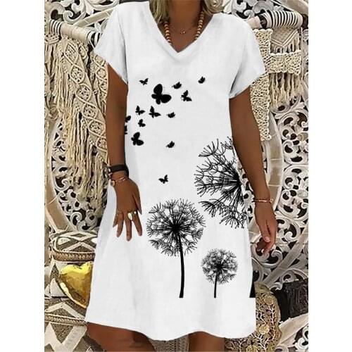 Fashion Summer Women Loose Beach Dress Vintage Printing A-Line Party Dress Ladies Casual Elegant V-Neck Tank Dress Oversize