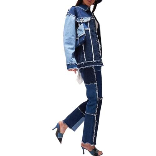 Spring/Autumn Patchwork Straight Denim Pants Skinny Ripped Jeans High Waist Streetwear Trousers Contrast Color Stitching Pants