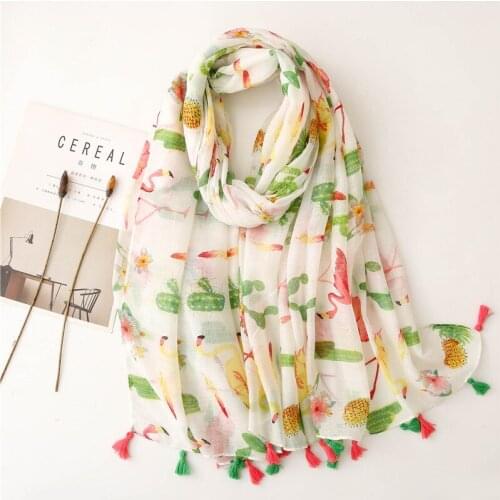 High Quality Plant Printed Scarf For Women Light Green Spring Shawls Tassel Long Head Wraps 180x90cm