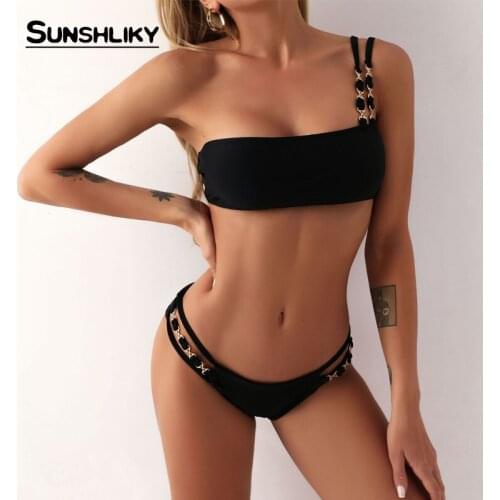 Sunshliky Summer White one shoulder Metal letter Bikinis 2021 Mujer Women Sexy Two Pieces Swimwear Bikini Beach Bathing Swimsuit