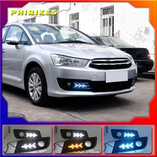 LED DRL daytime running light+Front fog light For Citroen C-Quatre 2012-2018 with Dynamic moving yellow turn signal