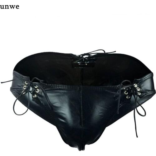 Thin Rope Bandage Mens Leather Underwear Sexy PU String Briefs V Back Erotic Male Panties Gay