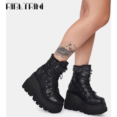 RIBETRINI 2021 Punk Platform Wedges Goth Women Motorcycle Ankle Boots Black Cool Punk Buckle Rivet Fashion Ladies Autumn Shoes