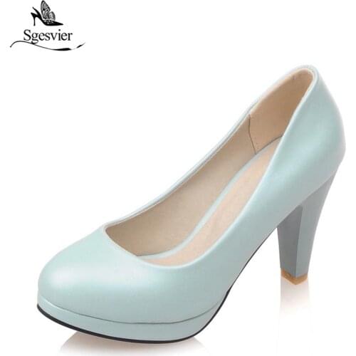 Sgesvier Black White Women Pumps High Heels Shoes Thick Heel Round Toe Pumps Size 32-48 Summer Autumn Fashion Shoes Ladies B207
