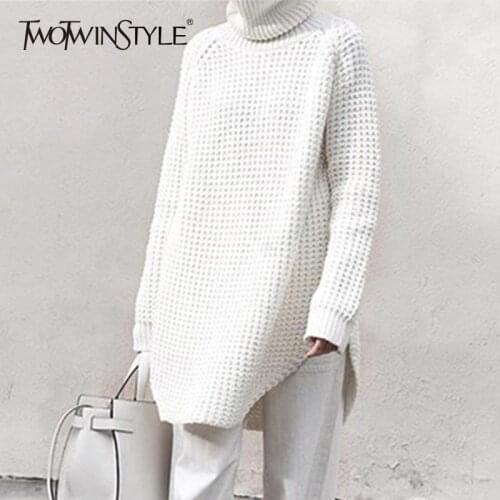 TWOTWINSTYLE Hollow Out Sweater For Women Turtleneck Split Long Sleeve Midi Knitting Jumper 2020 Spring Thick Casual Clothing