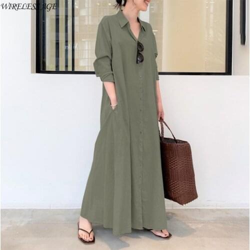 WIRELESS AGE Long Shirt Dress Women Solid Color Lapel Cotton Linen Long Sleeve Pocket Simple Casual Vintage Fashion Daily Wild