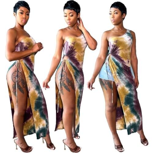 Mq2356 Amazon EBay Cross-Border New Arrival Womens Casual Sexy Tie-Dye Slit Strap One-Shoulder Dress