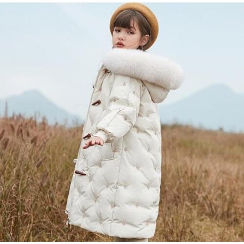 Winter Long Hooded Down Jackets For Girls Outdoor Warm Windproof Down Coats For Children Kids Thermal Outerwear Clothing 5-14Y