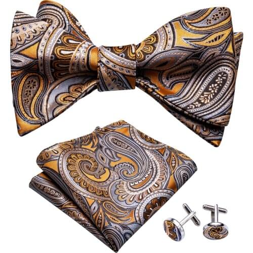 Gold Paisley Designer Self Bow Tie For Men Silk Butterfly Men Tie Hanky Cufflink Suit Collar Removable Necktie Barry.WangLH-1011