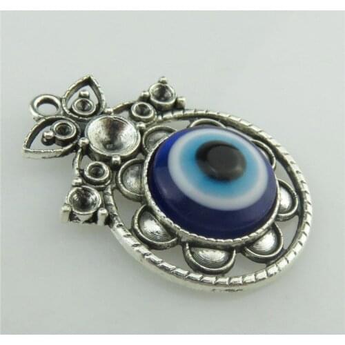 20229 2X Vintage Silver Alloy Mirror Turkish Blue Acrylic Evil Eye Pendant